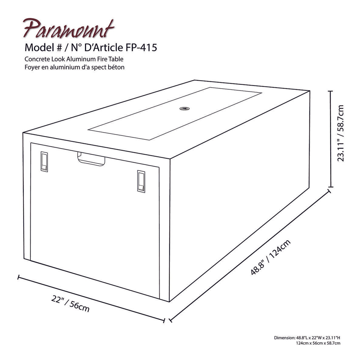 Paramount 49" Concrete Look Aluminum Fire Table, Tall Rectangle