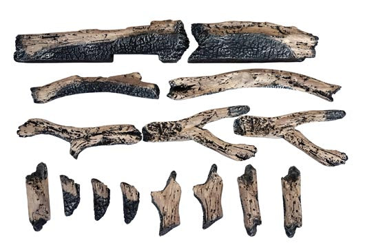 RUSTIC-14 Piece Log Set with Deluxe Media - logs. stones, pebbles, blk fire glass, embers