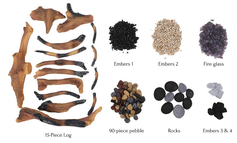 DRIFT-15 Piece Log Set with Deluxe Media - logs, stones, pebbles, blk fire glass, embers