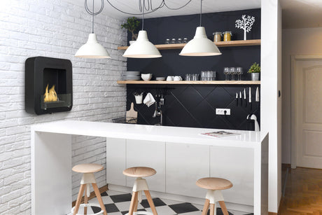 free standing ethanol fireplace in kitchen