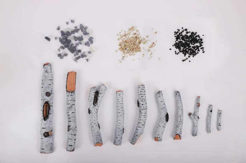 10 Piece Birch Log set with 2 colors of real fire glass and 2 colors of vermiculite (electric only)