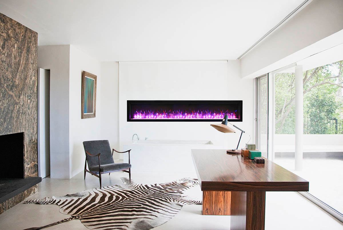 Remii 88" Wall-Mount Electric Fireplace - built-in with glass and black steel surround