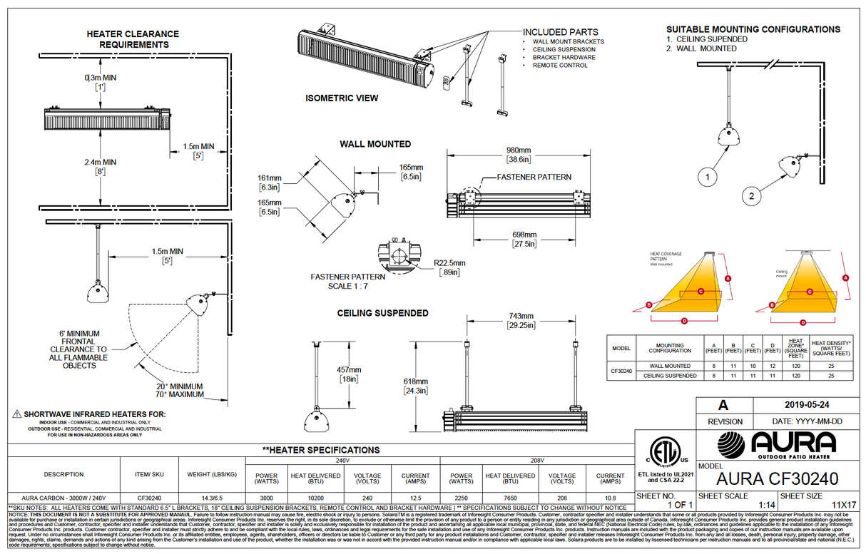 Aura 39" Carbon CF Series 3000W 240V Infrared Electric Heater