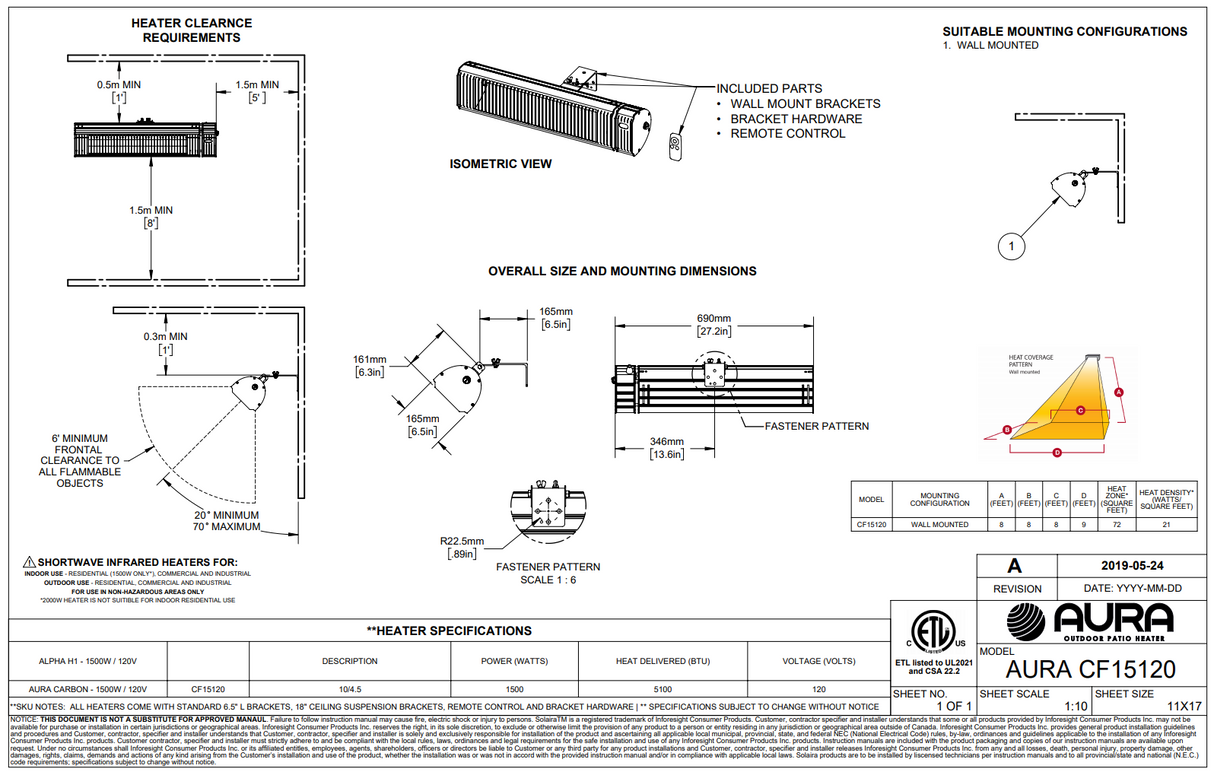 Aura 27" Carbon CF Series 1500W 120V Infrared Electric Heater